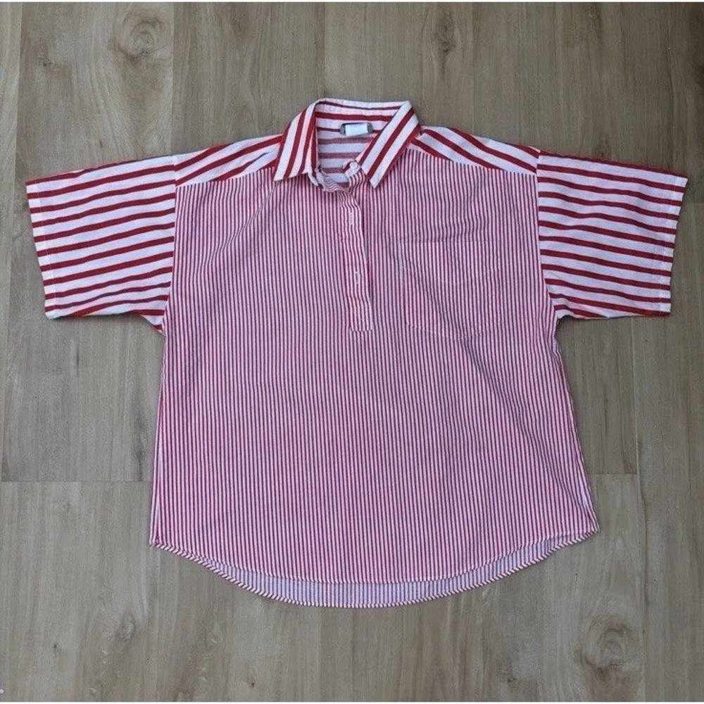 VTG French Navy Women Red & White Striped Short Sleeve Shirt‎ Medium USA Sailing